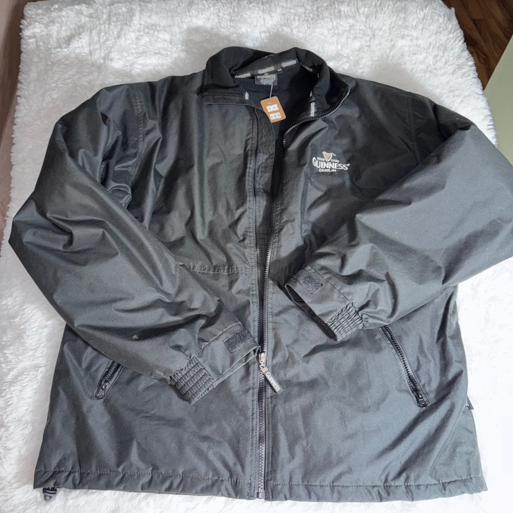 Guinness Full Zip Jacket Mens XXL Black Like New Fleece Lined‎ Windbreaker Logo
